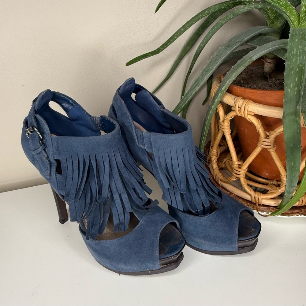 JustFab Blue Faux Suede Fringe Peep Toe High Heel Sandals Women’s Size 8.5